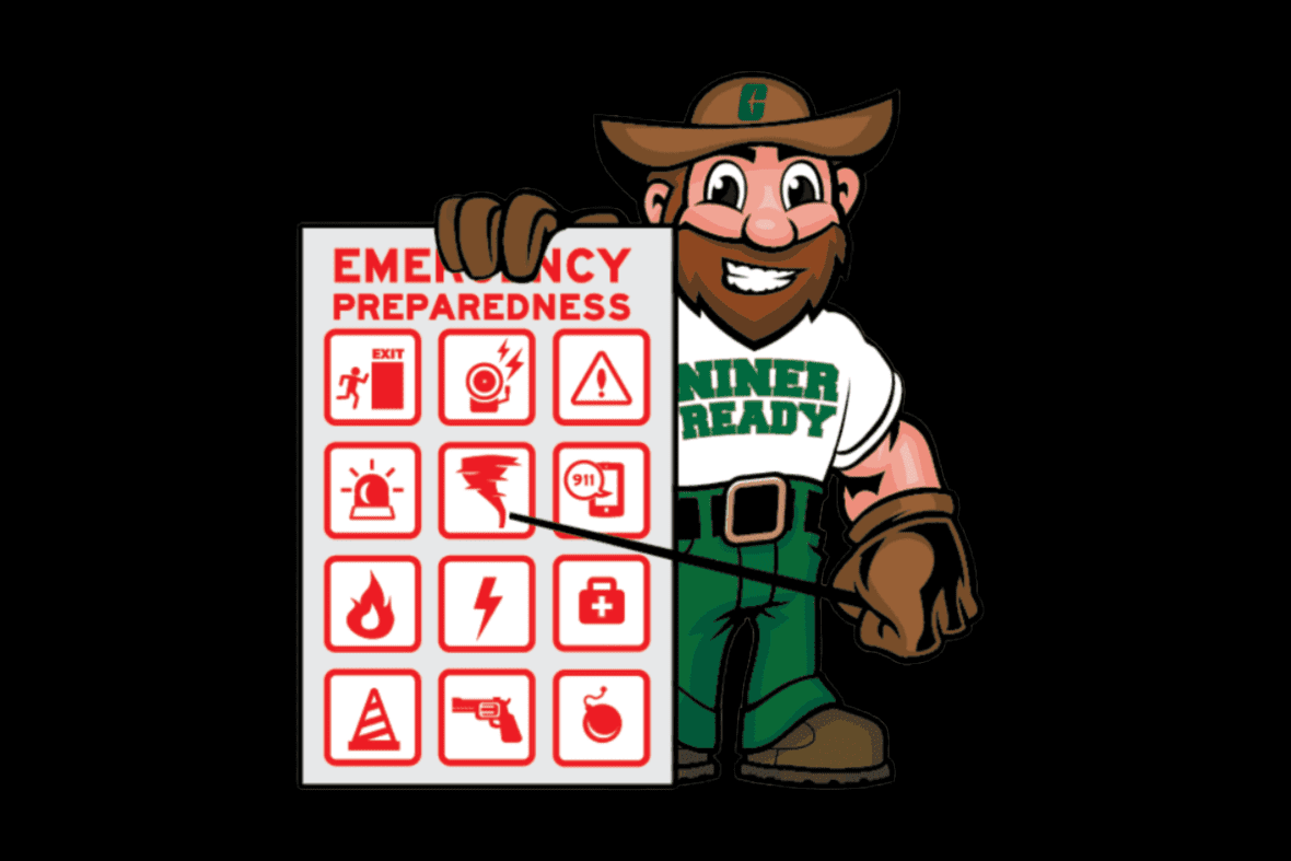 NinerReady graphic of Norm pointing to a display of emergency icons